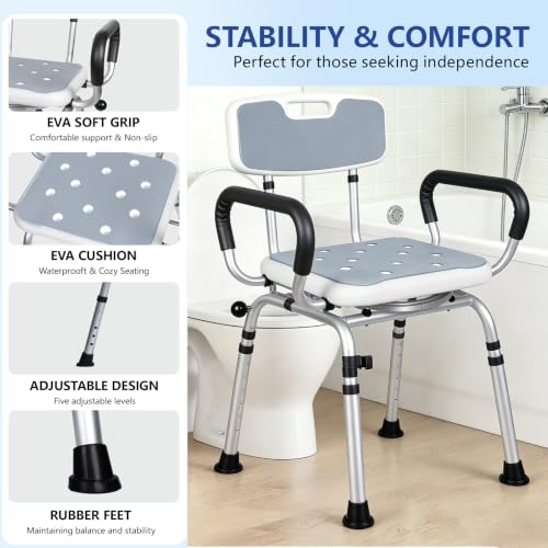 Swivel Shower Chair 500lbs Heavy Duty Adjustable Arms & Back 360° Rotating | SSlip-resistant Rubber Feet Easy-clean Tool-free Install Ergonomic Wide Seat Built-in Drainage Holes 5 Height Settings - size: Gray