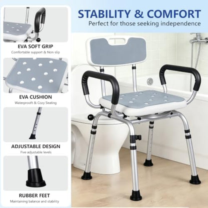 Swivel Shower Chair 500lbs Heavy Duty Adjustable Arms & Back 360° Rotating | SSlip-resistant Rubber Feet Easy-clean Tool-free Install Ergonomic Wide Seat Built-in Drainage Holes 5 Height Settings - size: Gray