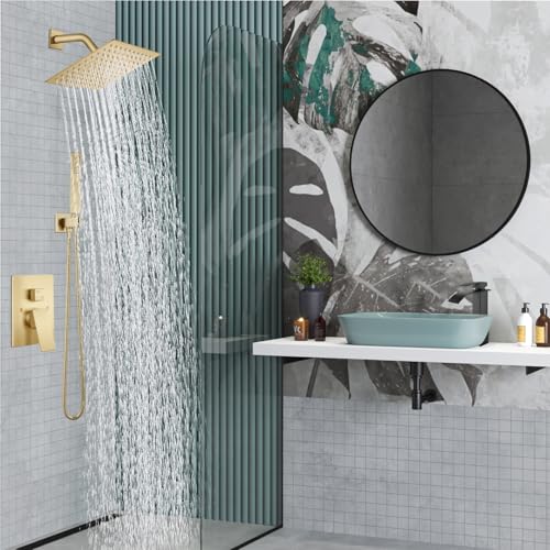 Midanya Shower Faucet Set with Handheld Sprayer,8 Inch,Brushed Gold | Rough-in Shower Valve and Trim Kit Included,Square Rain Head,Wall Mount Shower System,All Metal,Bathroom - color: Gold, size: 8 Inch