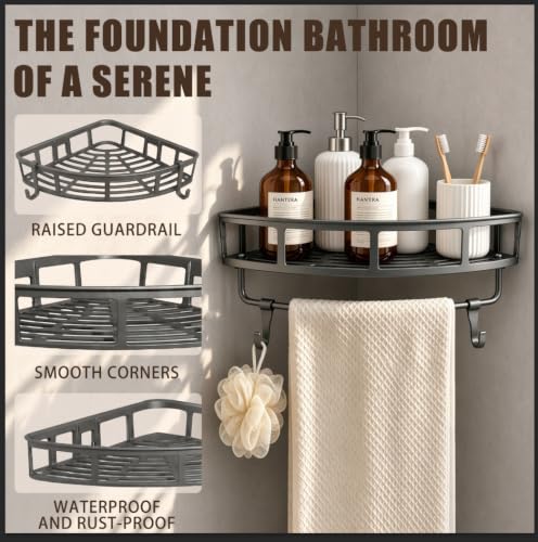 Shower Caddy Hanging Gray, 2 Pack Rustproof Adhesive Corner Shower Shelves | 40 Lb Secure Hold, Powder-Coated Stainless Steel, Fast-Draining Wire Baskets, 5 Removable Hooks, Fit 90-Degree Tile and Glass