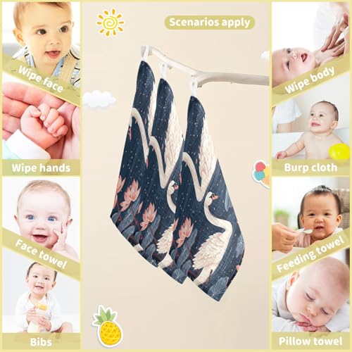 YETTASBIN Swan Muslin Baby Hand Washcloths, Soft Cotton Bath Face Towel, 4 Layers Extra Absorbent Feeding Burp Cloth for Newborn Infant, 3 Pack - size: 12 Inch x 3 Pack