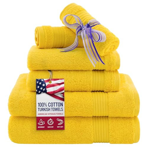 American Veteran Towel, 6 Piece Towel Set for Bathroom, 100% Cotton Turkish Bathroom Towels, 2 Bath Towels 2 Hand Towels 2 Washcloths, Yellow - color: Yellow, size: X Large 6 PC