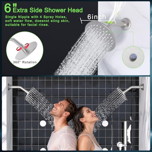 HOMEDEC 16" Round Rain Shower Faucet Set with Dual 6" Wall Shower Head, 5 Way Valve with 2-Function Handheld Shower and Body Jets, Brushed Nickel - color: Brushed Nickel, style: 5-Way + 2x 6" Top