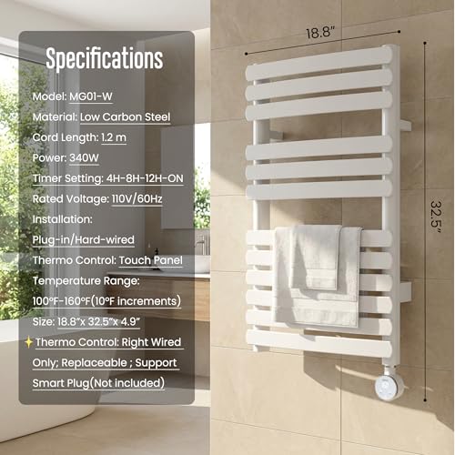 MG01 Towel Warmer for Bathroom, Large, White | Heated Towel Rack, Built-in Timer and Thermo Control, Detachable Controller, Memory Function, Hardwired/Plug-in