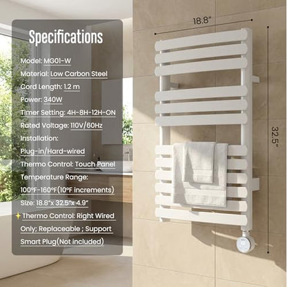 MG01 Towel Warmer for Bathroom, Large, White | Heated Towel Rack, Built-in Timer and Thermo Control, Detachable Controller, Memory Function, Hardwired/Plug-in