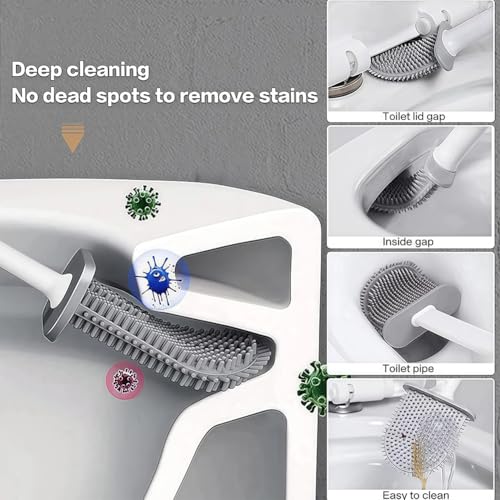 Silicone Toilet Brush Set with Holder,Wall Mounted for Bathroom RV Camper Home,Space-Saving & Hygienic Cleaning Tool,Easy to Install,Grey