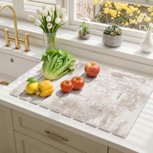 Findosom Large Stone Dish Drying Mat for Kitchen Counter, 23.6" × 15.3" Foldable Non-Slip Stone Drying Mat with Abstract Pattern, Heat Resistant Diatomaceous Earth Mat for Bath, Dishes, Cups, Beige - color: Beige, size: 23.6" x 15.3"