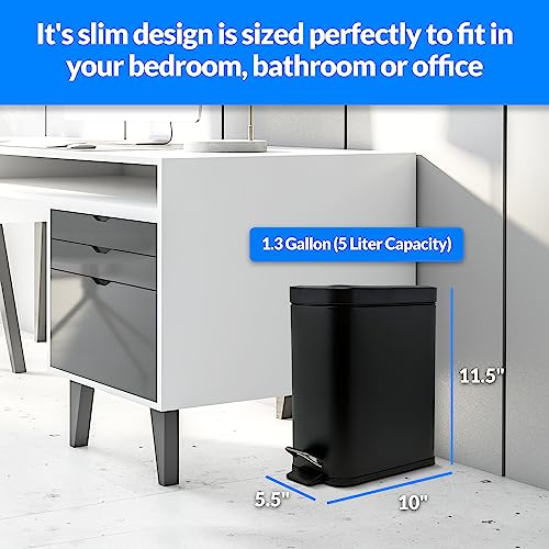Reli. Small Trash Can with Lid, 1.3 Gal (5L) | Small Bathroom Trash Can | Stainless Steel, Black (Matte) | Step Pedal Garbage Bin with Removable Bucket, Kitchen