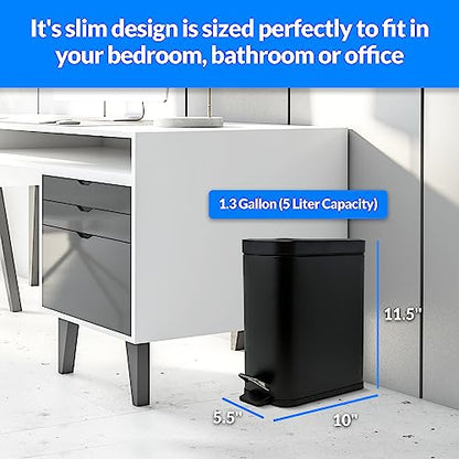 Reli. Small Trash Can with Lid, 1.3 Gal (5L) | Small Bathroom Trash Can | Stainless Steel, Black (Matte) | Step Pedal Garbage Bin with Removable Bucket, Kitchen