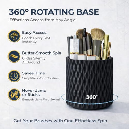 Black Makeup Brush Holder, 360° Rotating Makeup Organizer | 5-slot spinning vanity countertop caddy for makeup brushes, lipstick, hair brush & pens — bathroom, dorm & office - style: Black