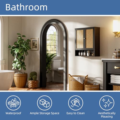 HITNET Wall Mounted Bathroom Cabinet, Rattan Hanging Cabinet, Space-Saving Bathroom Wall Cabinet with 2 Doors and Adjustable Shelves, Black - color: Black