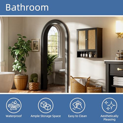 HITNET Wall Mounted Bathroom Cabinet, Rattan Hanging Cabinet, Space-Saving Bathroom Wall Cabinet with 2 Doors and Adjustable Shelves, Black - color: Black