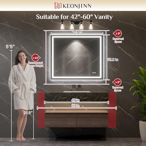 Keonjinn 42 x 36 Inch Lighted Mirrors for Bathroom Wall, Bluetooth Speaker | Frontlit & Backlit LED Bathroom Mirror, Tempered Glass, 3000K/4500K/6000K, Stepless Dimmable, Fast & Safe Defogging, CRI90+ - size: 36"L x 42"W