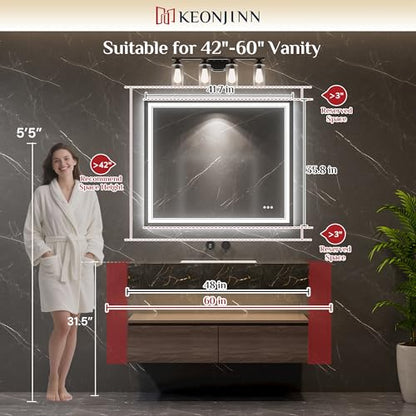 Keonjinn 42 x 36 Inch Lighted Mirrors for Bathroom Wall, Bluetooth Speaker | Frontlit & Backlit LED Bathroom Mirror, Tempered Glass, 3000K/4500K/6000K, Stepless Dimmable, Fast & Safe Defogging, CRI90+ - size: 36"L x 42"W
