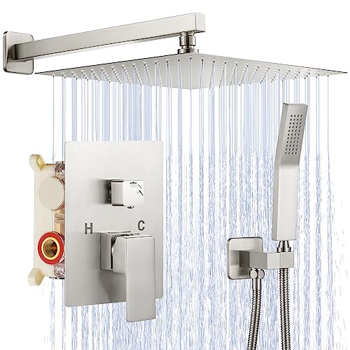 JOMEOO® 12 Inch Brushed Nickel Shower System, Wall Mounted High Pressure Rain Shower Head with Handheld Sprayer, Bathroom Luxury Rainfull Shower Head Shower Faucet Set Rough in Valve Body and Trim - color: Brushed Nickel