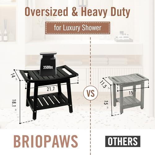BRIOPAWS Shower-Bench-Seat-Waterproof | Black Shower Stool-for-Inside-Shower | HDPE Plastic | Bathroom-Benches w/Storage Shelf & Handles | Shaving Legs | Indoor Outdoor Use | 21.8 x 14 x 18.1 Inch - size: Black-L