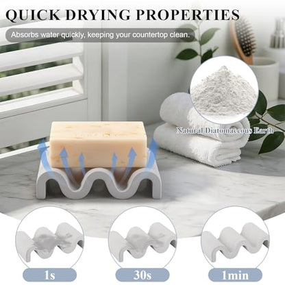Diatomite Soap Dish Bar Soap Holder Wave Texture Sponge Tray, Light Grey | Quick Drying, Self Draining Design Helps Keep Bar Soap Dry for Bathroom Sink, Shower & Kitchen - color: Light Grey