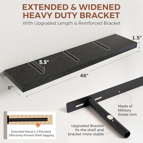 Dreamland Black Floating Shelves 48 Inch Long,8 Inch Deep Floating Shelves,48" W x 8" D Wall Shelves for Bedroom,Living Room,Kitchen,Bathroom,Set of 2 - color: Black, size: 48 Inch