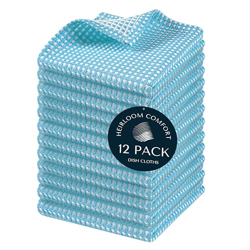 12 Pack Dual Tone Waffle Weave Dish Cloth, 12x12 Inches, 100% Cotton, Super Absorbent, Fast Dry, Durable Dishcloth Set, Soft Hand Towels, Cleaning, Machine Washable, Aqua Blue - color: Aqua Blue