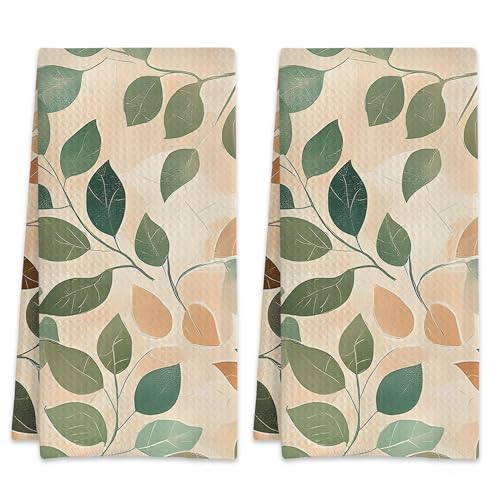 2 Pack Hand Towels Orange Green Brown Leaves Kitchen Towel Absorbent Decorative Leaf Towels Set for Drying,Cleaning,Cooking,Bathroom,Holiday 16x24 Inches - color: Orange Green Brown Leaves Leaf