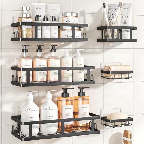 Youvip Black Shower Caddy, 6 Pack | No Drill, Adhesive Shelves, Large Capacity, 6 Adhesives, 24 Built-In Side Hooks - color: Black-6pc