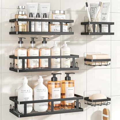 Youvip Black Shower Caddy, 6 Pack | No Drill, Adhesive Shelves, Large Capacity, 6 Adhesives, 24 Built-In Side Hooks - color: Black-6pc