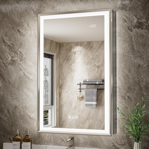 20x32 Lights Medicine Mirror Cabinet, Beveled Brushed Nickel Frame | Lighted Aluminum Bathroom Cabinet, Surface or Recessed Mount, Dimmable 3 Color Temp, Defog, Outlet, Clock, Sensor Inner Light - size: 20x32''(Right Hinge)