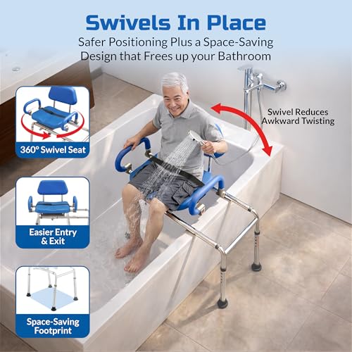 Carousel Sliding Shower Chair Tub Transfer Bench with Swivel Seat Elderly | Slide Safely In & Out of the Tub - Blue, padded seat, padded armrests, swivel seat, backrest, portable, tool-free assembly - color: Blue