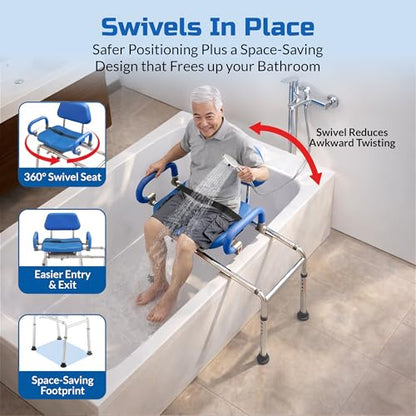 Carousel Sliding Shower Chair Tub Transfer Bench with Swivel Seat Elderly | Slide Safely In & Out of the Tub - Blue, padded seat, padded armrests, swivel seat, backrest, portable, tool-free assembly - color: Blue