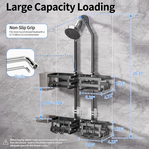 Aluminum Shower Caddy Hanging, Never Rust Shower Organizer | 4 Levels with adjustable Height 10 Hooks for Razor/Sponge - Rack with Soap Basket (Black-1) - color: Black-1