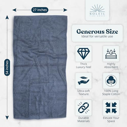 Soleil Fine Goods Luxurious 800 GSM 100% Cotton Bath Towel Set (4-Pack, 27x54) - Heavyweight & Ultra Absorbent, Plush Softness for Bathroom | Hotel & Spa Quality Luxury Towels- Blue Grey - color: Blue Grey