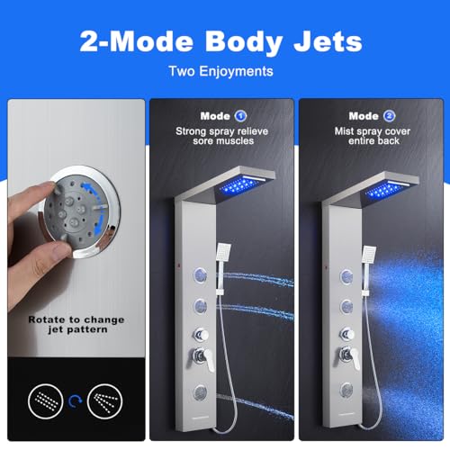 5 in 1 Shower Panel Tower System with LED Lights, Rainfall and Waterfall Shower Head, 3 Pcs Adjustable Body Jets, Handheld Shower, Tub Spout (Brushed Nickel) - color: Brushed Nickel - 2-in-1 Body Jets