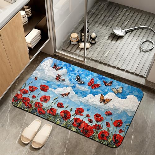 Diatomaceous Earth Bath Mat,Blooming Poppy Field Bath Rugs,Non-Slip Thin Absorbent Fast Drying Easy to Clean for Bathroom Laundry Home Kitchen Door Mat 17x29.5Inch - color: Blooming Poppy Field