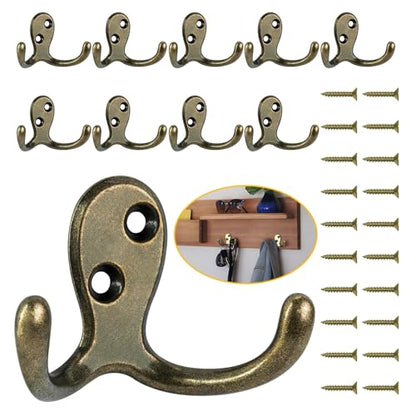 Homanu 10 Pack Coat Hooks, Heavy Duty Double Prong Coat Hooks Wall Mounted with 20 Screws, No Rust Antique Brass Metal Wall Hooks for Hanging Towel, Coat, Bag, Hat, Cup, Key - color: 10 Pcs Antique Brass