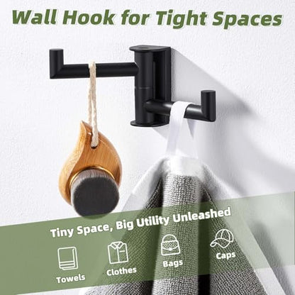 Swivel Towel Hook for Bathrooms with 2 Rotating Arms, Matte Black | Rustproof 304 Stainless Steel, Heavy Duty 11 lbs Double Wall Hook for Towel, Coat, Bag, Kitchen or Entryway, Drilling Mounted