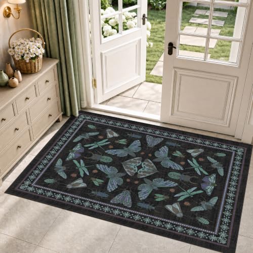 Arenarug Entryway Rug 3x5 Non Slip Washable Area Rug Insect Boho Soft Distressed Vintage Lightweight Low Pile Carpet for Living Room, Bedroom, Dining Room, Kitchen, Office, Navy Blue Black - color: Navy Blue, size: 3'x5'