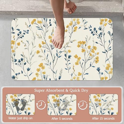 Blue Leaves Bath Mat,Yellow Berries Diatomaceous Earth Bath Mat,Rubber Backing Quick Dry Absorbent Washable Bathroom Rugs for Tub Non Slip 17"x29.5" - color: Blue Leaves,yellow Berries
