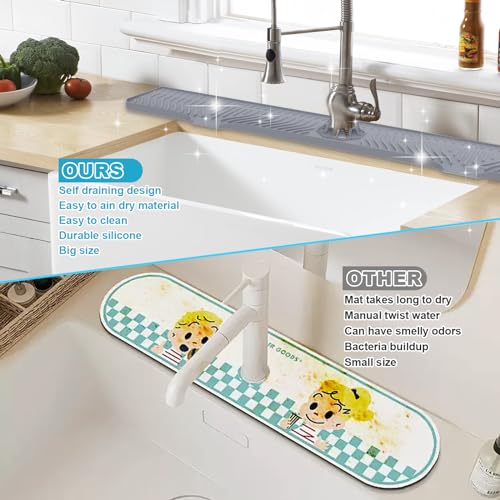 Derlights 33 inch Sink Splash Guard Mat, Silicone Faucet Handle Drip Catcher Tray, Longer Silicone Sink Mat for KitchenBathroom, Drip Protector Splash Countertop (Gray) - size: 33 inch