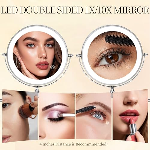 Rechargeable Wall Mounted Lighted Makeup Mirror Chrome, 8 Inch Double-Sided LED Vanity Mirror 1X/10X Magnification,3 Color Lights Touch Screen Dimmable 360°Swivel 13 Inch Extendable - color: 8 Inch Chrome