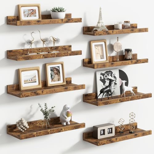 Floating Picture Ledge Shelves Set of 8, 16 Inch Solid Wood Wall Shelves with Lip, Large Nursery Book Shelf for Toys Storage, Kids Bookshelf, Living Room, Bedroom Decor Frames - color: Brown, size: 16'', Set of 8