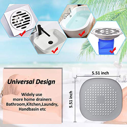 Hair Drain Catcher,Square Drain Cover for Shower Silicone Hair Stopper with Suction Cup,Easy to Install Suit for Bathroom,Bathtub,Kitchen 2 Pack (Grey White) | Drainer Cover Silicone Hair Stopper with Suction Cups,Protector Accessories,Easy to Install Sui