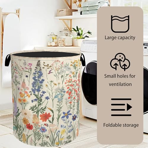Summer Wild Herbs Large Clothes Hamper Bag - Laundry Basket with Handles, Space Saving Foldable Design for Nursery - color: Summer Wild Herbs