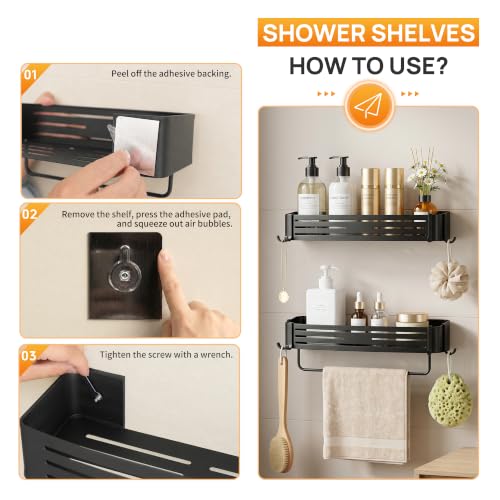 Black Adhesive Square Shower Caddy with Towel Bar, Soap Holder and Hooks | Adhesive black shower basket with towel bar, soap holder and hooks for smooth tile, glass, stainless steel and bathroom walls - color: Black