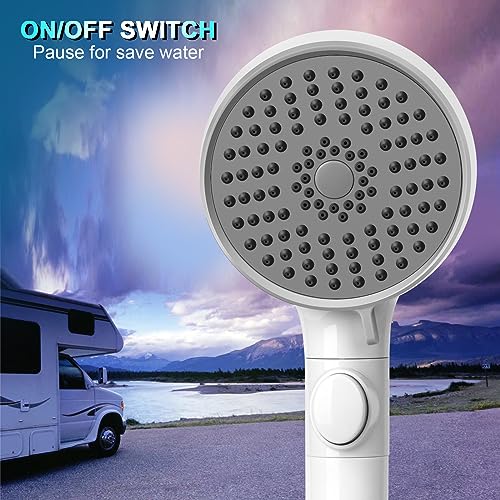 RV Shower Head with Hose, High Pressure 5 Mode Shower head Replacement, Showerheads for RV/Campers, Travel Trailer, Motorhome for Water Saving, Shower Head Holder and Hose, On Off Switch, White - color: Premium White