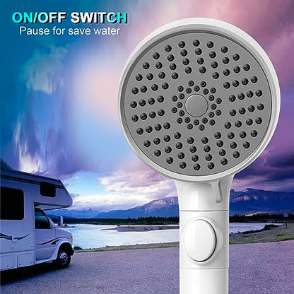 RV Shower Head with Hose, High Pressure 5 Mode Shower head Replacement, Showerheads for RV/Campers, Travel Trailer, Motorhome for Water Saving, Shower Head Holder and Hose, On Off Switch, White - color: Premium White