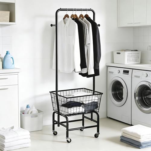 Rolling Laundry Cart with Hanging Rack Metal Laundry Basket with Wheels Laundry Hamper with Storage Basket and Shelf for Laundry Room Organization Black