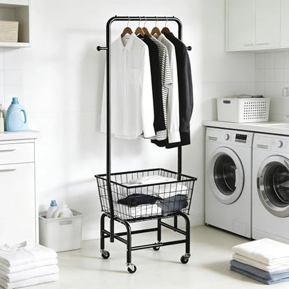 Rolling Laundry Cart with Hanging Rack Metal Laundry Basket with Wheels Laundry Hamper with Storage Basket and Shelf for Laundry Room Organization Black