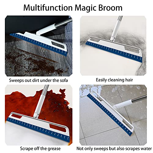 Multifunction Rubber Air Broom, Silicone Broom with 56" Long Handle, 4 in 1 Rubber Squeegee Sweeper for Floor Bathroom Kitchen Shower Tile Pet Hair Fur Marble Glass Water Window Foam Cleaning (Blue) - color: Blue