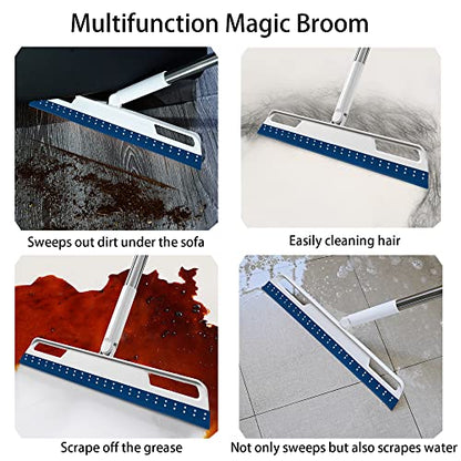 Multifunction Rubber Air Broom, Silicone Broom with 56" Long Handle, 4 in 1 Rubber Squeegee Sweeper for Floor Bathroom Kitchen Shower Tile Pet Hair Fur Marble Glass Water Window Foam Cleaning (Blue) - color: Blue