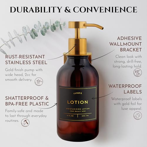 Shower Shampoo Dispenser Wall Mounted – Refillable 16.9 oz Amber Bottle with Stainless Steel Pump & No-Drill Adhesive Holder – Soap Dispenser for Bathroom (1 X Amber/Gold) - color: 1 X Amber/Gold